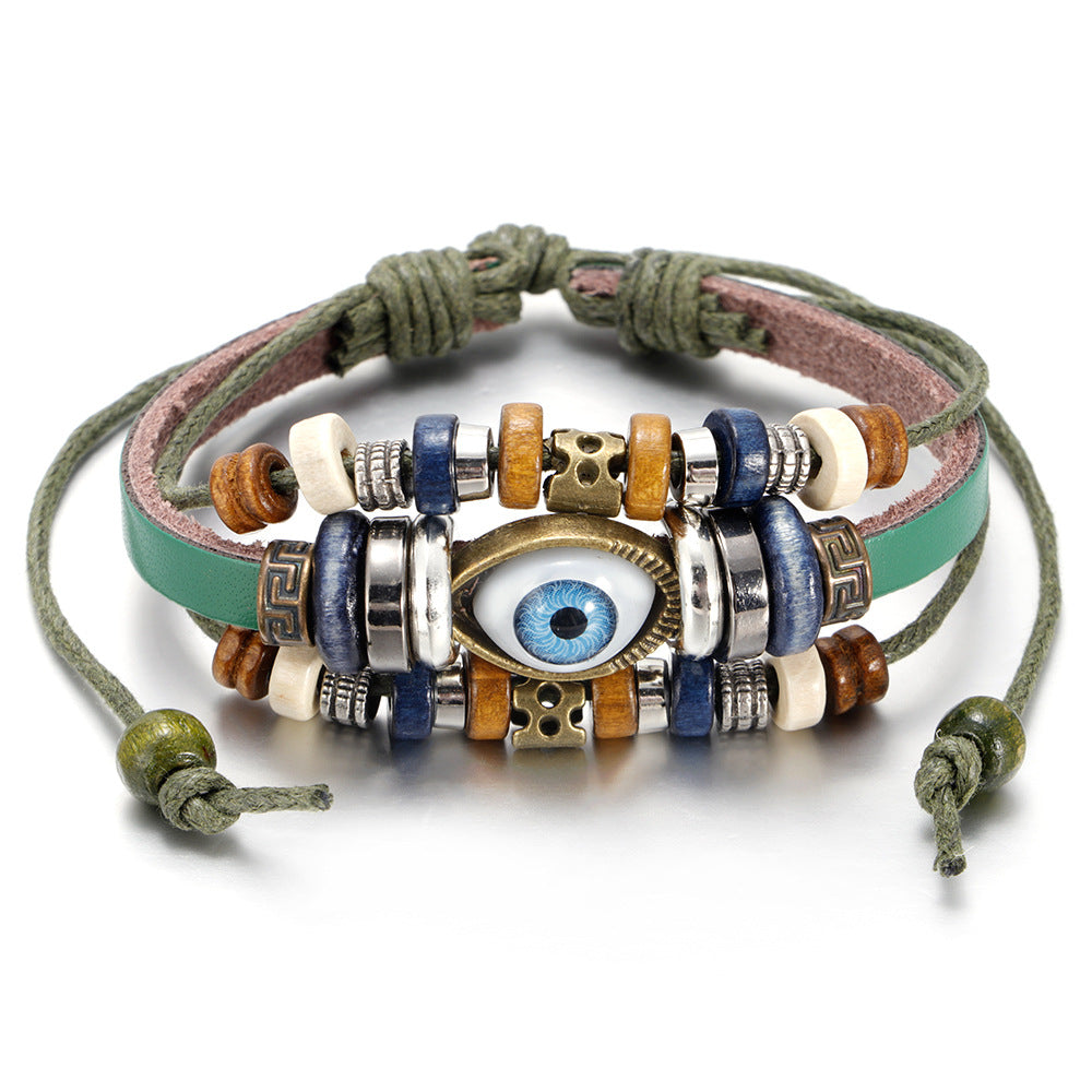 Popular Ethnic Style Multi-layer Cowhide Hand-woven Beads Leather Cord Bracelet Adjustable