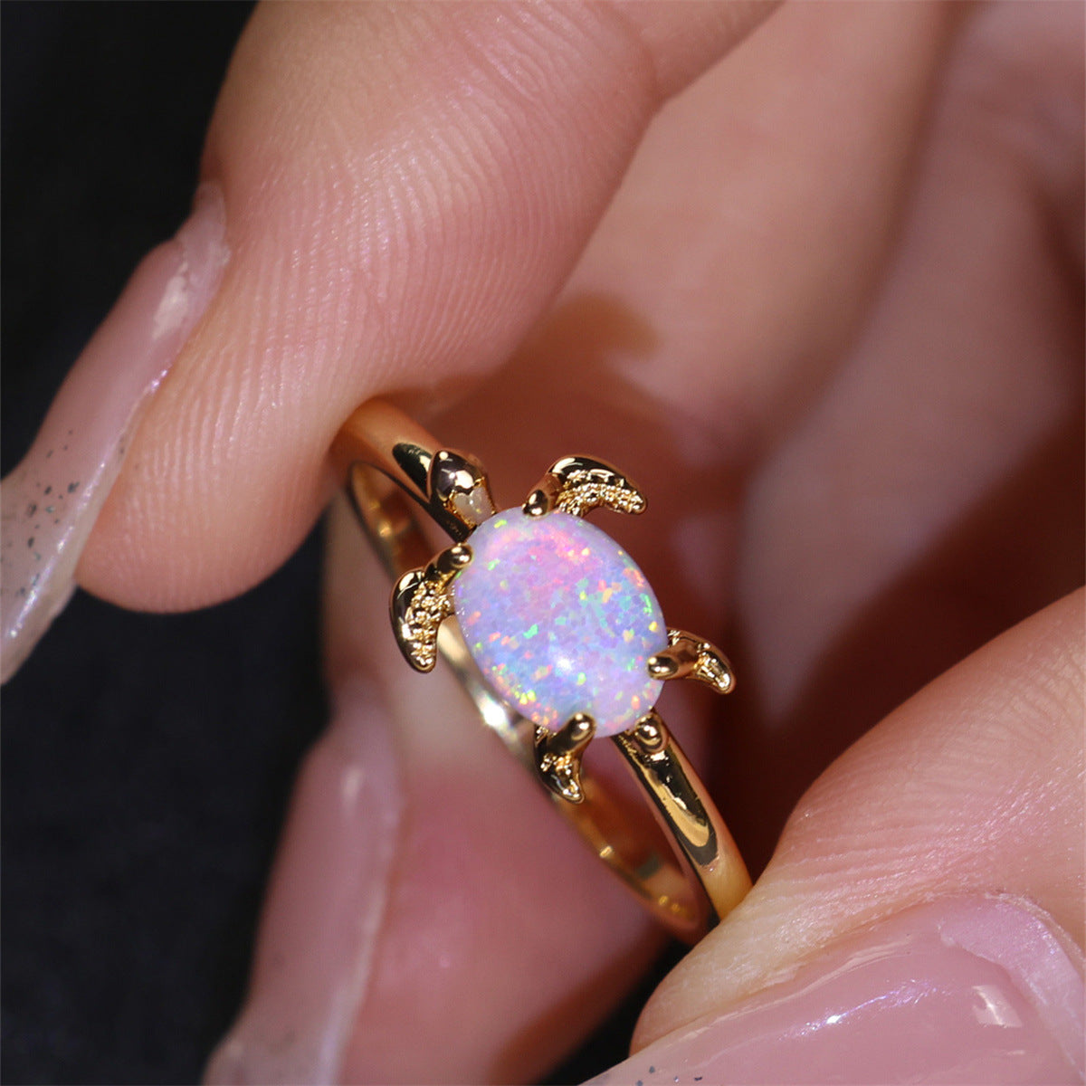 New Round White Opal Turtle Ring