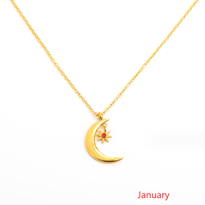 December Birthday Stone Necklace Birthstone Pendant Women's Simple Moon Sun Titanium Steel