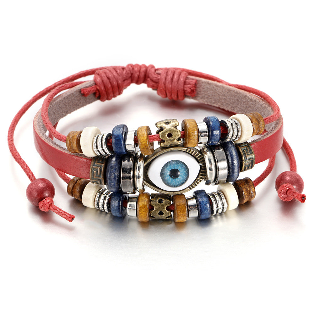 Popular Ethnic Style Multi-layer Cowhide Hand-woven Beads Leather Cord Bracelet Adjustable