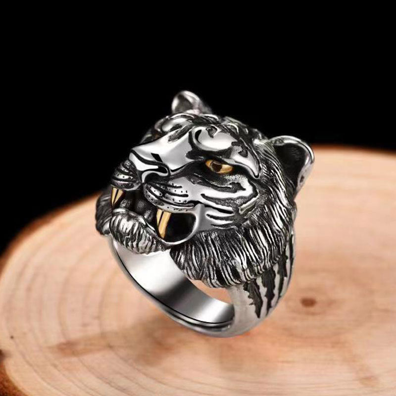 Tiger Head Ring Men's Domineering Retro Ethnic Style Tiger Ring Special Trendy Style Adjustable Mouth Hip Hop Ear Accessories