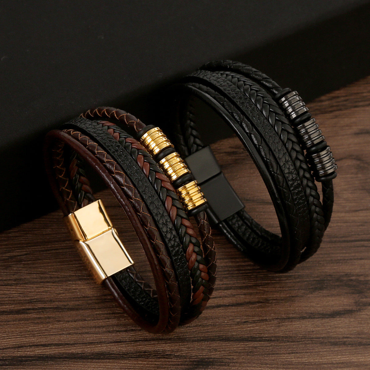 Stainless Steel Men's Leather Magnetic Buckle Woven Bracelet