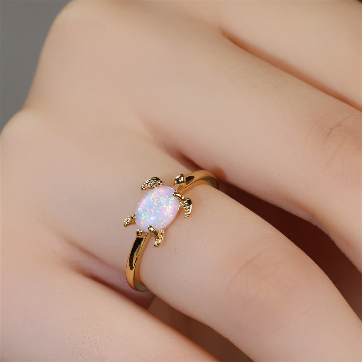 New Round White Opal Turtle Ring