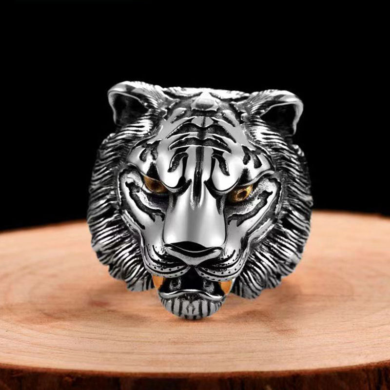 Tiger Head Ring Men's Domineering Retro Ethnic Style Tiger Ring Special Trendy Style Adjustable Mouth Hip Hop Ear Accessories