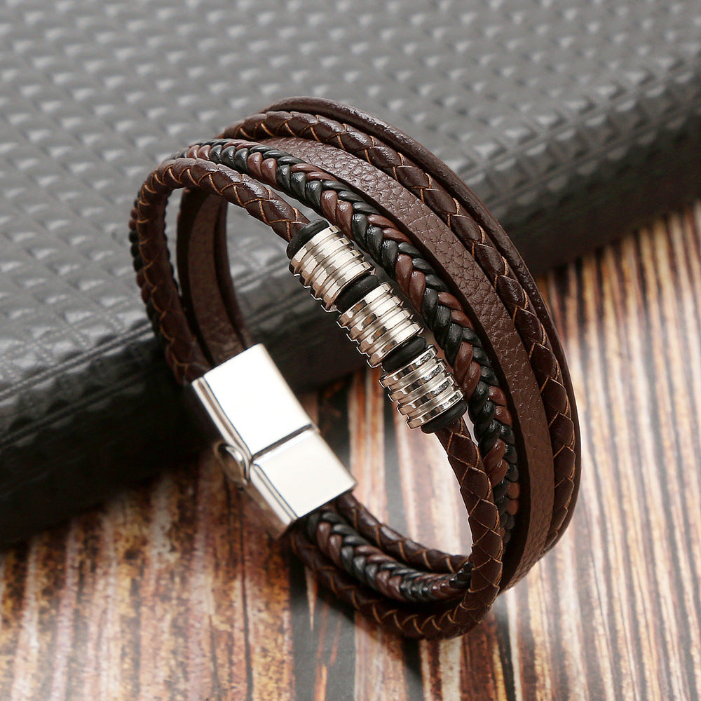 Stainless Steel Men's Leather Magnetic Buckle Woven Bracelet