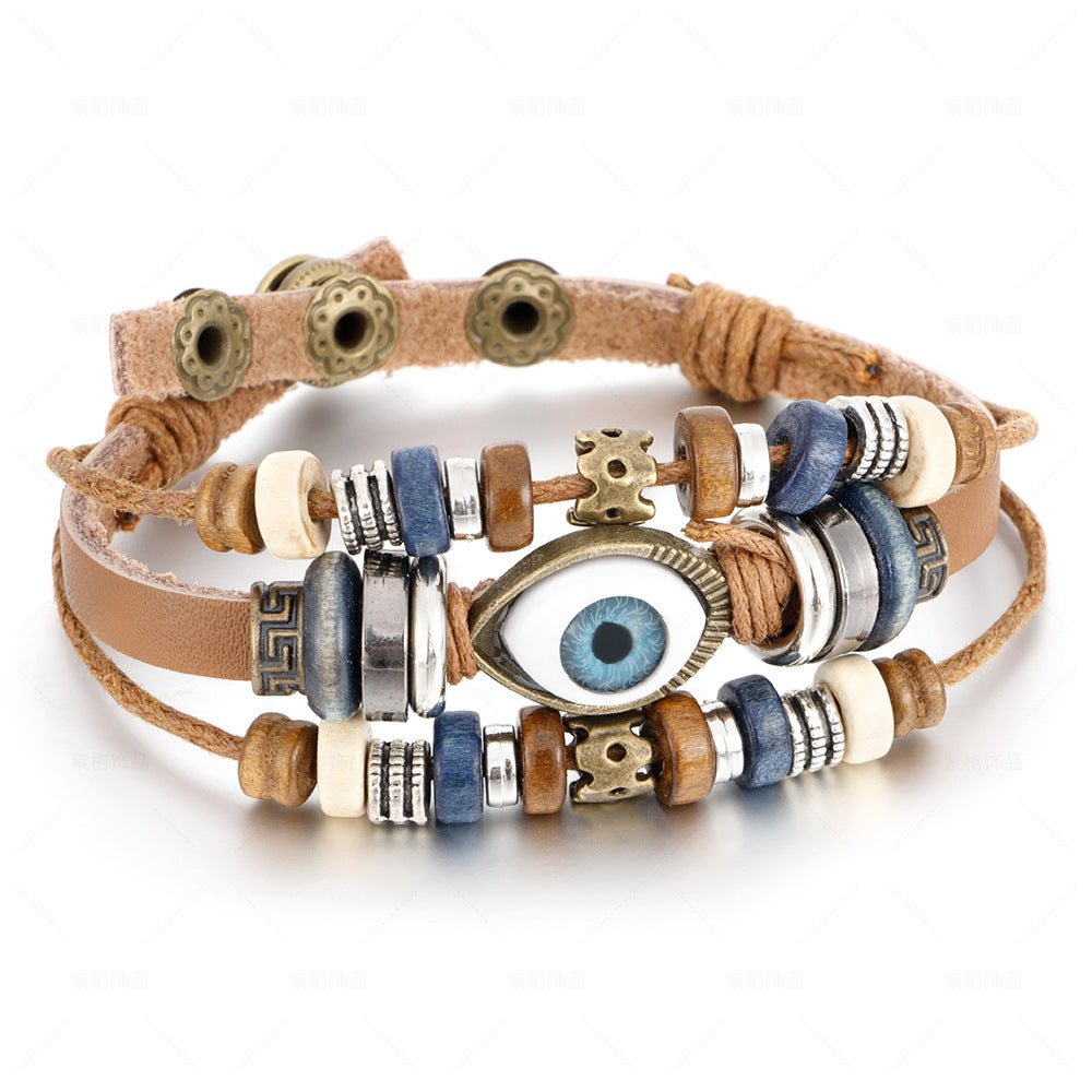 Popular Ethnic Style Multi-layer Cowhide Hand-woven Beads Leather Cord Bracelet Adjustable