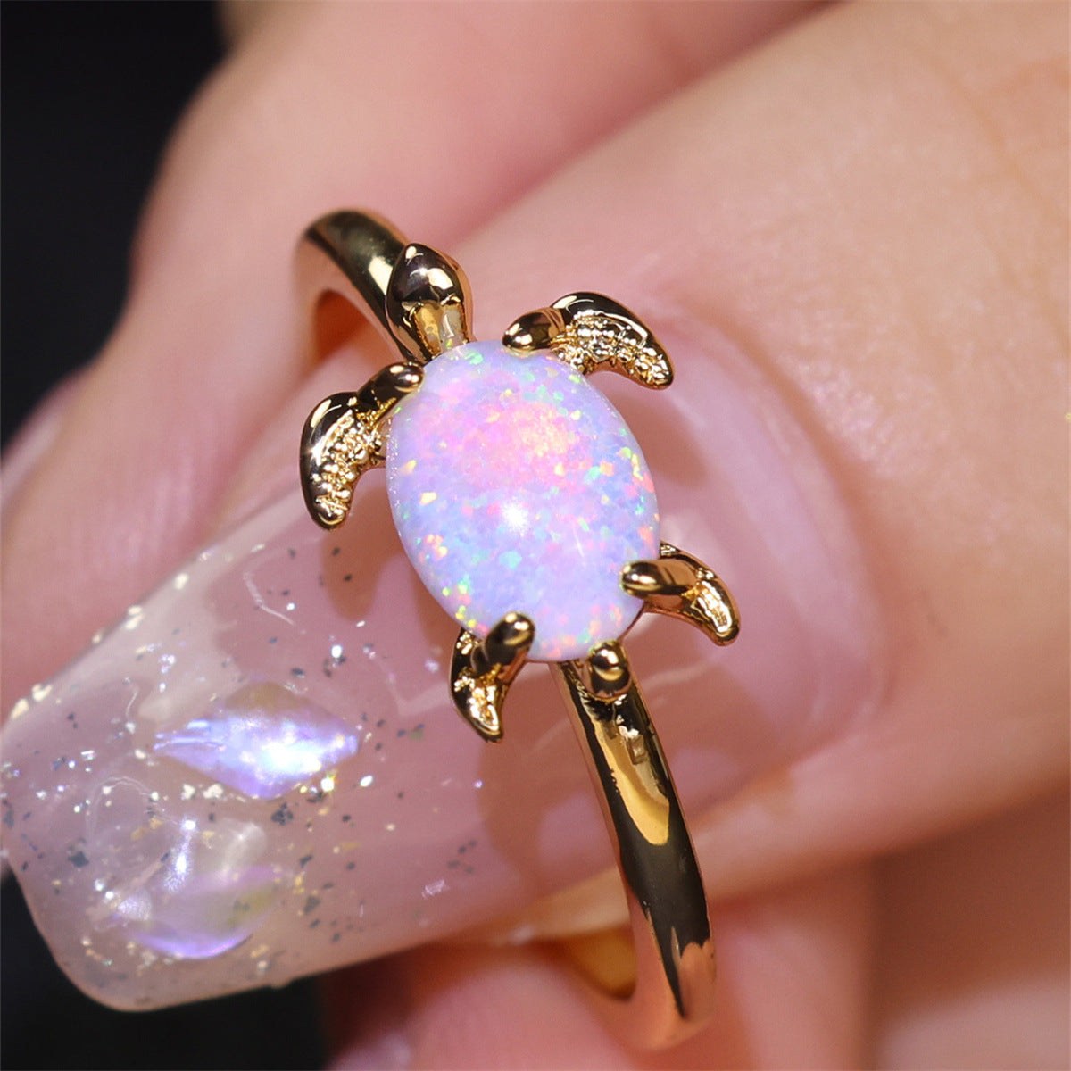 New Round White Opal Turtle Ring