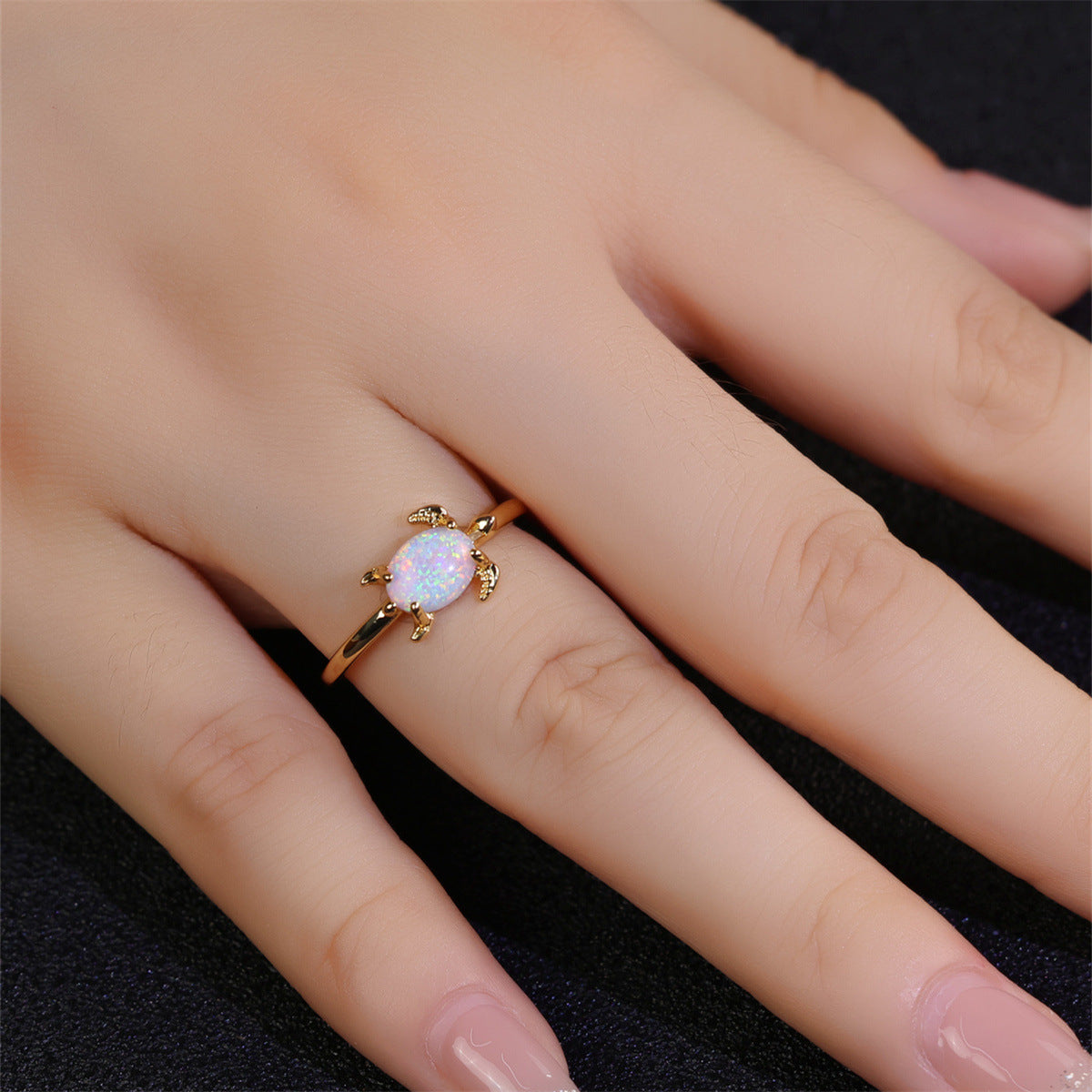 New Round White Opal Turtle Ring