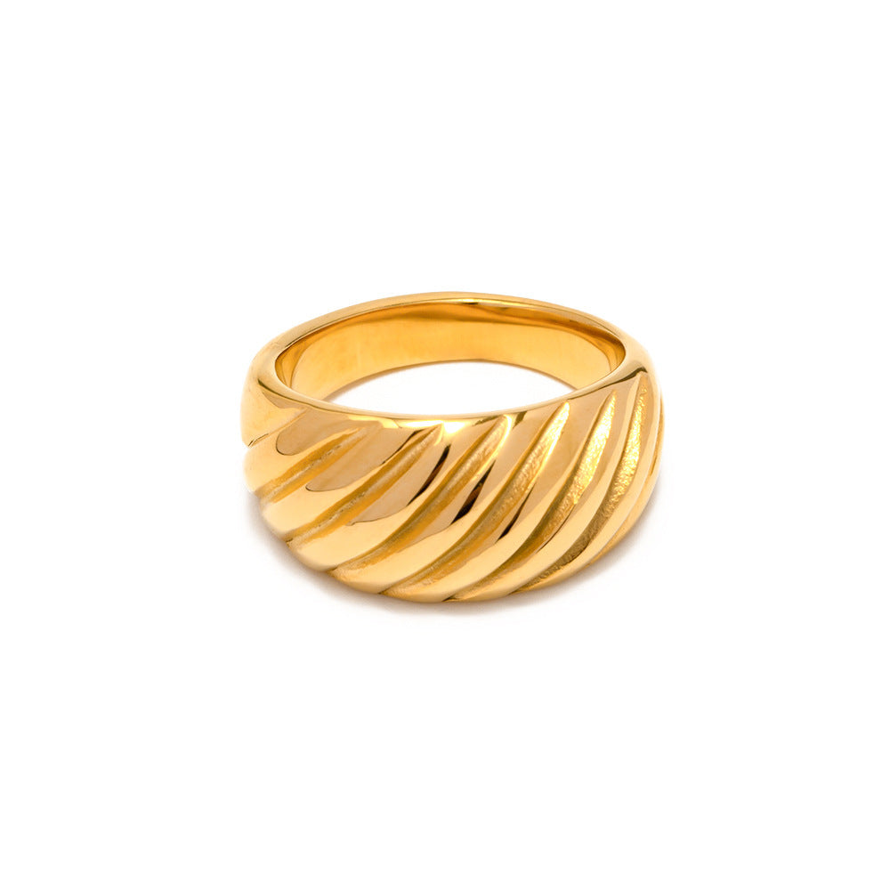 French Retro 18K Gold Stainless Steel Diagonal Texture Rib Wide Face Ring