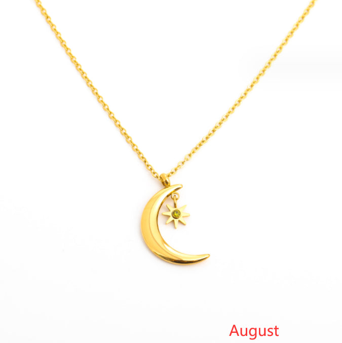 December Birthday Stone Necklace Birthstone Pendant Women's Simple Moon Sun Titanium Steel