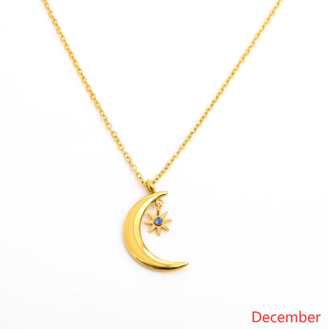 December Birthday Stone Necklace Birthstone Pendant Women's Simple Moon Sun Titanium Steel