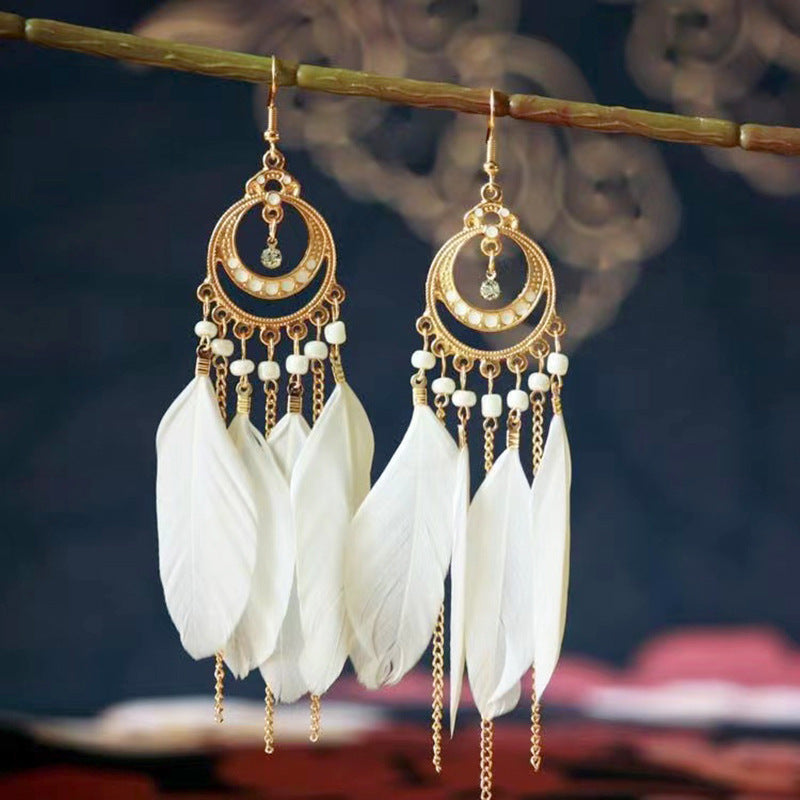 Vintage White Feather Tassel Earrings