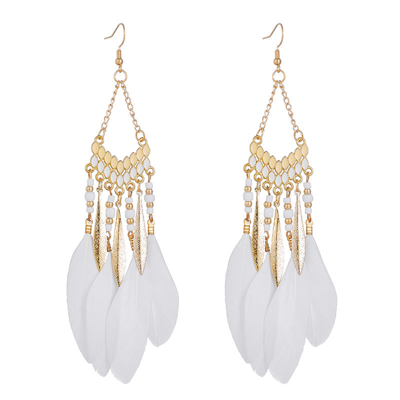 Vintage White Feather Tassel Earrings