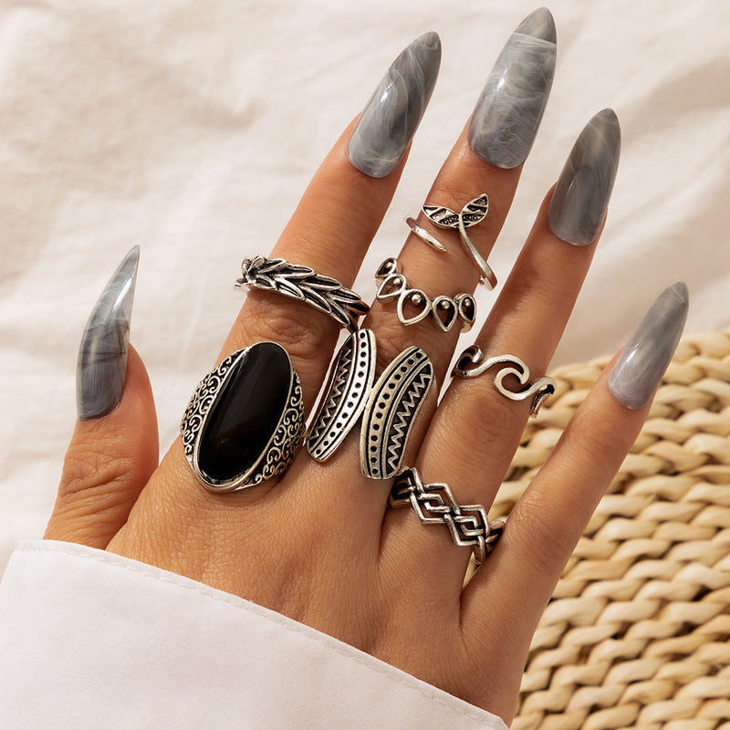 Black Oil Dripping Ring Set Fishtail Geometric Hollow