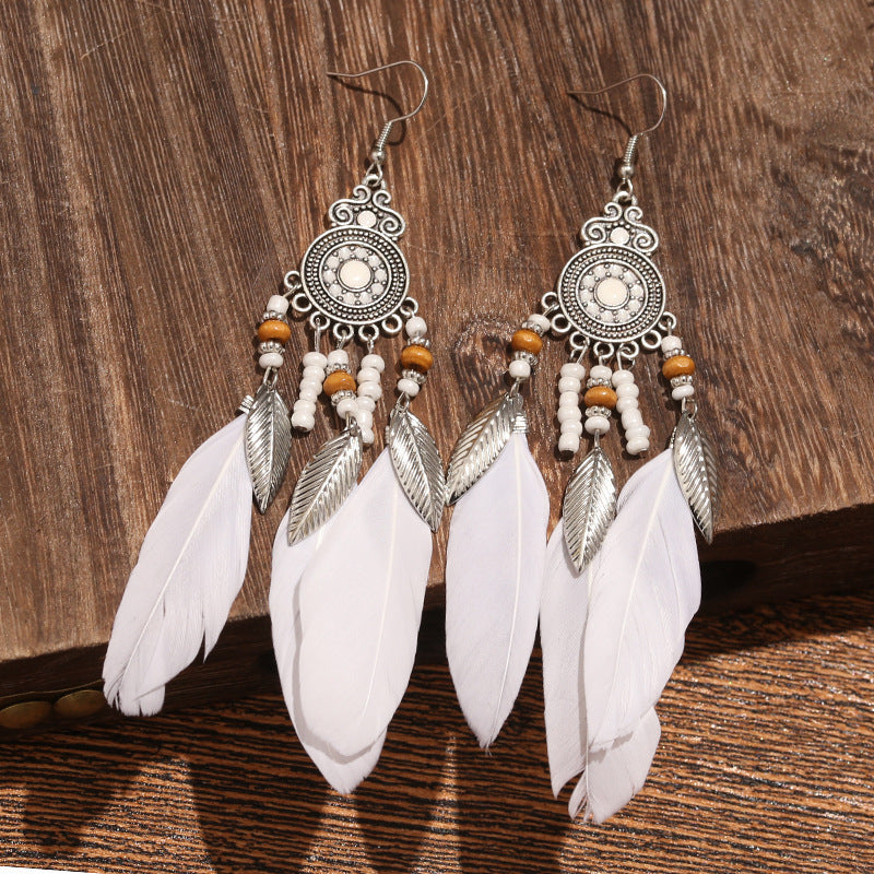 Vintage White Feather Tassel Earrings