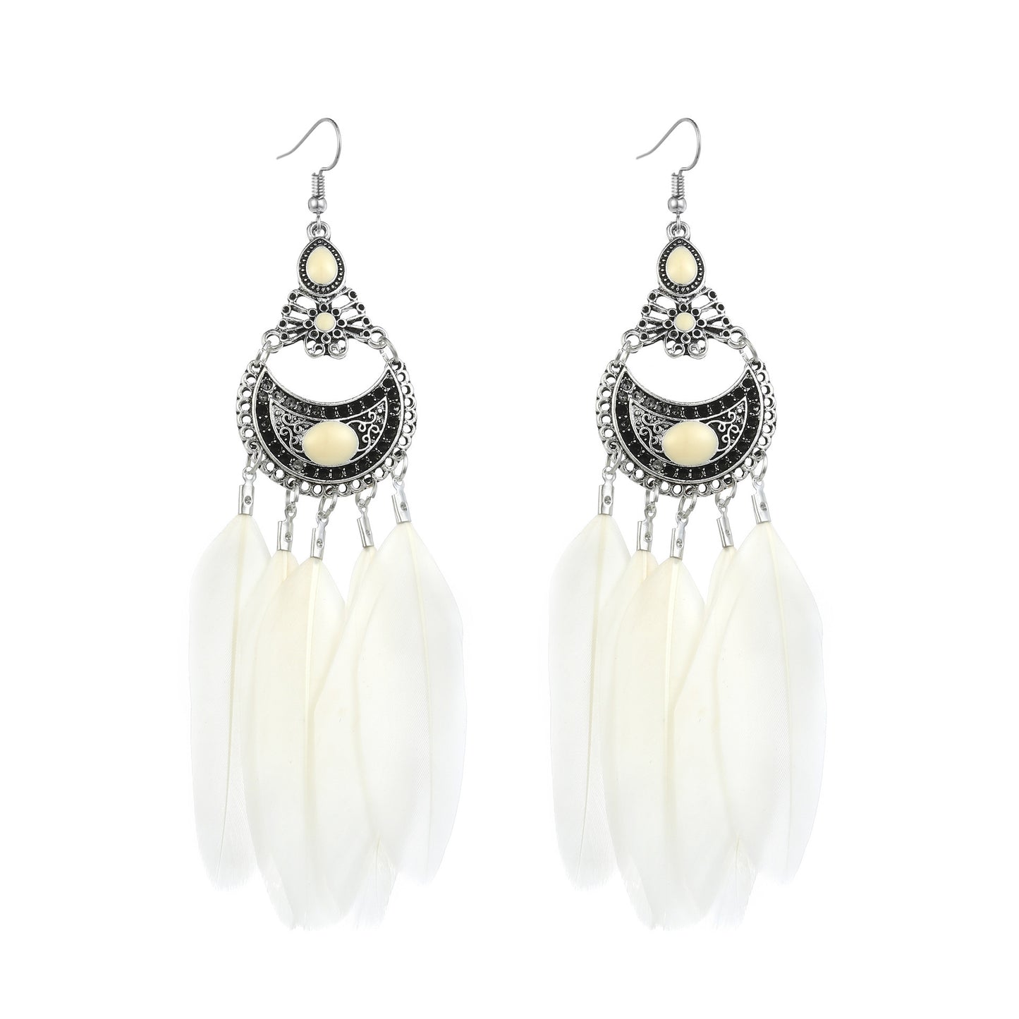 Vintage White Feather Tassel Earrings