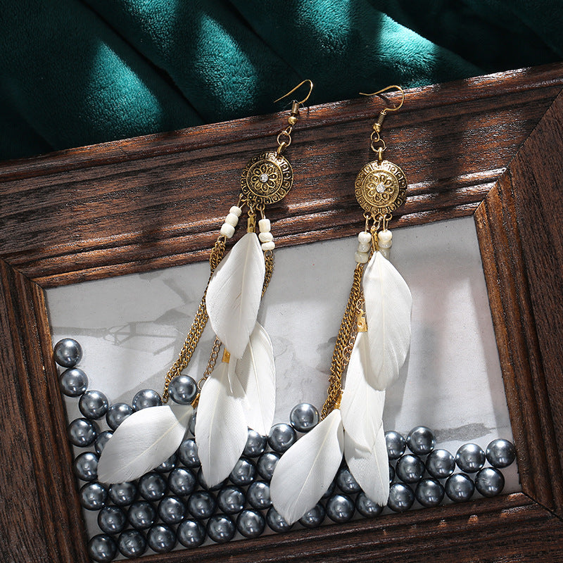 Vintage White Feather Tassel Earrings