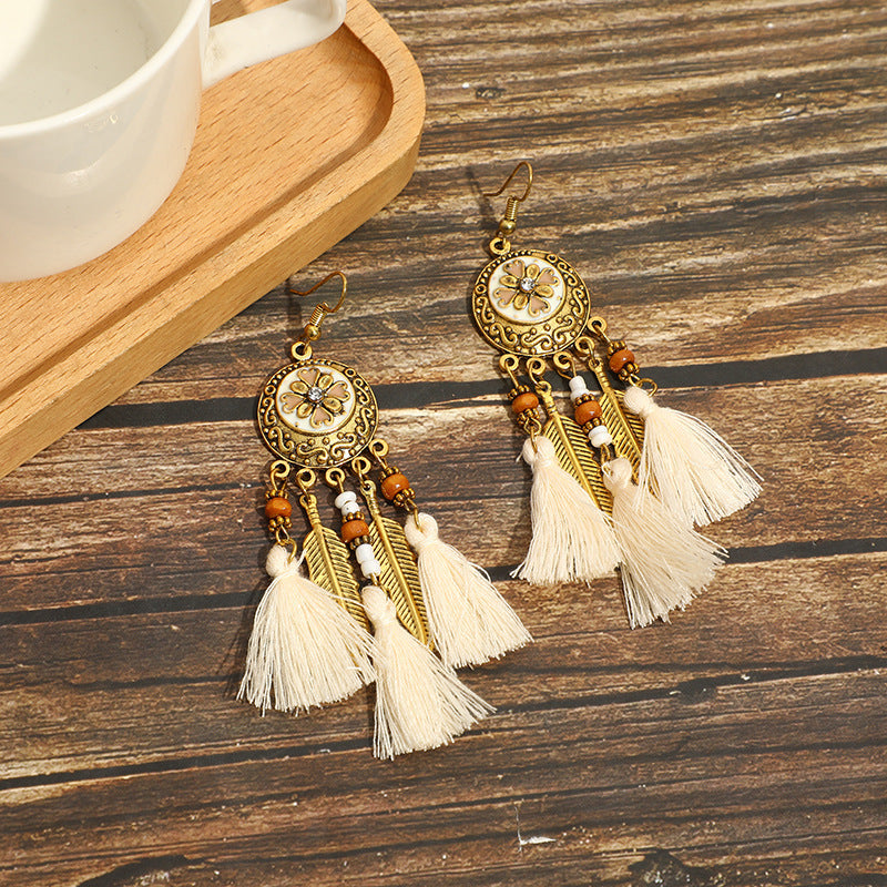 Vintage White Feather Tassel Earrings