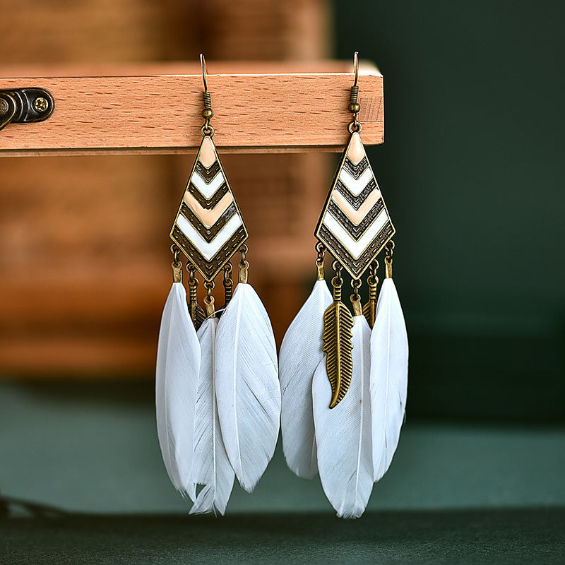 Vintage White Feather Tassel Earrings