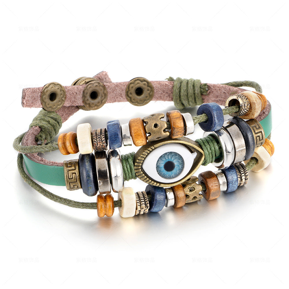 Popular Ethnic Style Multi-layer Cowhide Hand-woven Beads Leather Cord Bracelet Adjustable