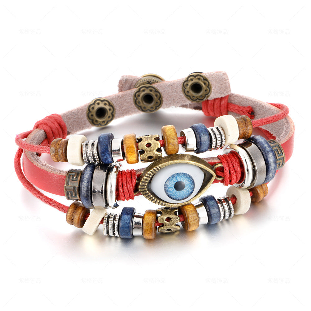 Popular Ethnic Style Multi-layer Cowhide Hand-woven Beads Leather Cord Bracelet Adjustable