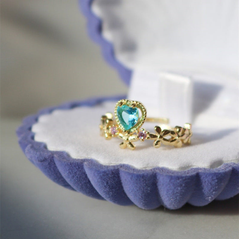 Women's Heart-shaped Sapphire Flower Ring Adjustable