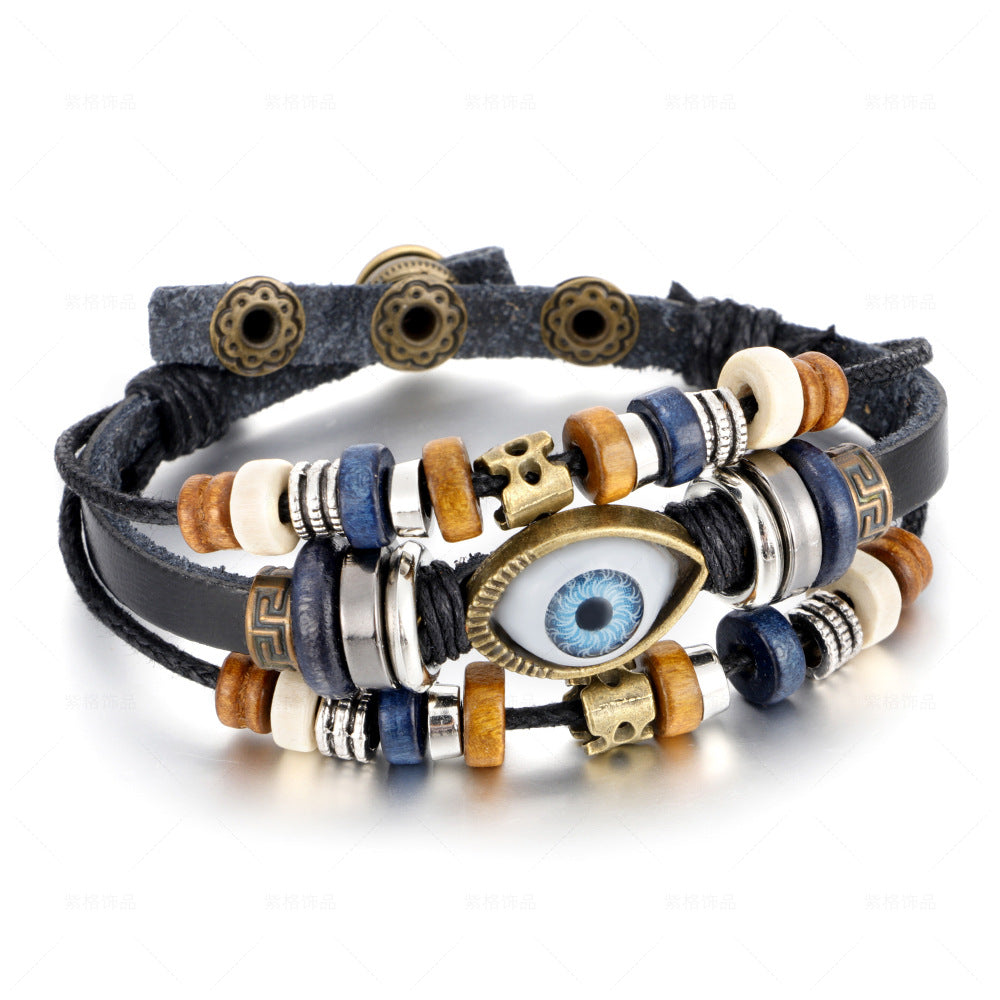 Popular Ethnic Style Multi-layer Cowhide Hand-woven Beads Leather Cord Bracelet Adjustable