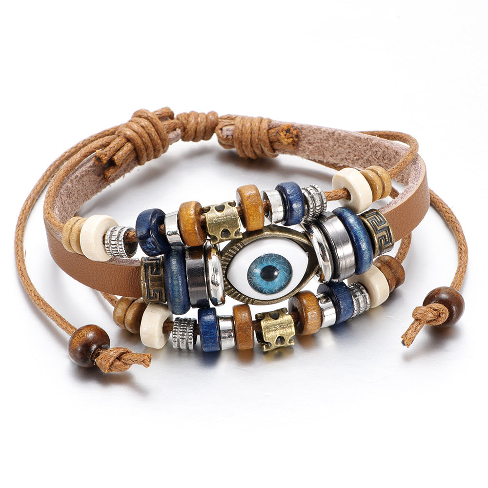 Popular Ethnic Style Multi-layer Cowhide Hand-woven Beads Leather Cord Bracelet Adjustable