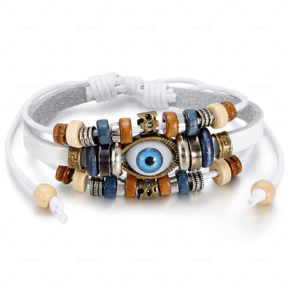 Popular Ethnic Style Multi-layer Cowhide Hand-woven Beads Leather Cord Bracelet Adjustable