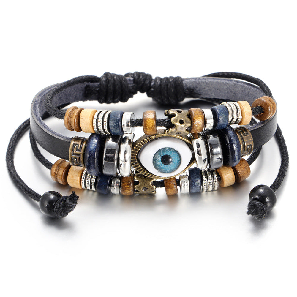 Popular Ethnic Style Multi-layer Cowhide Hand-woven Beads Leather Cord Bracelet Adjustable