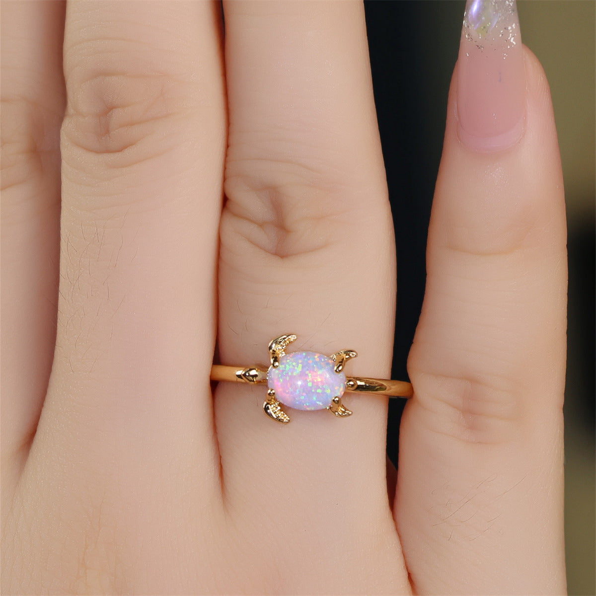 New Round White Opal Turtle Ring