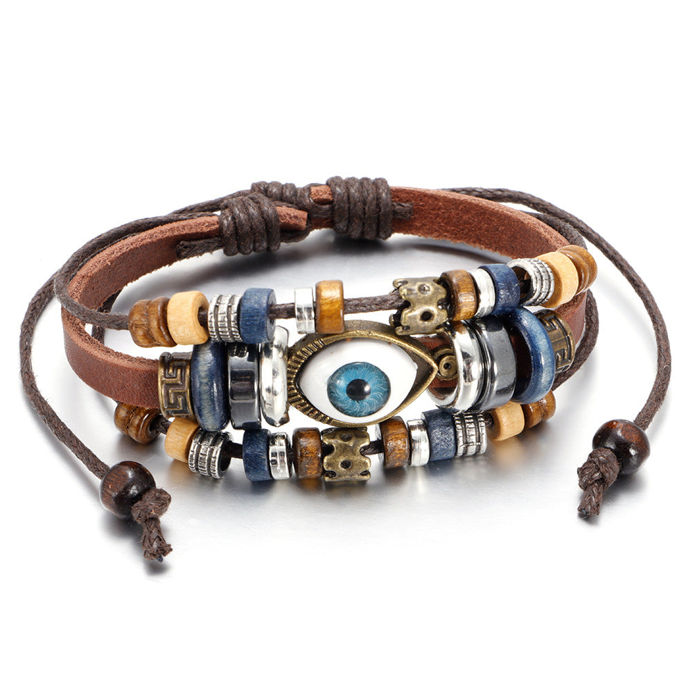 Popular Ethnic Style Multi-layer Cowhide Hand-woven Beads Leather Cord Bracelet Adjustable