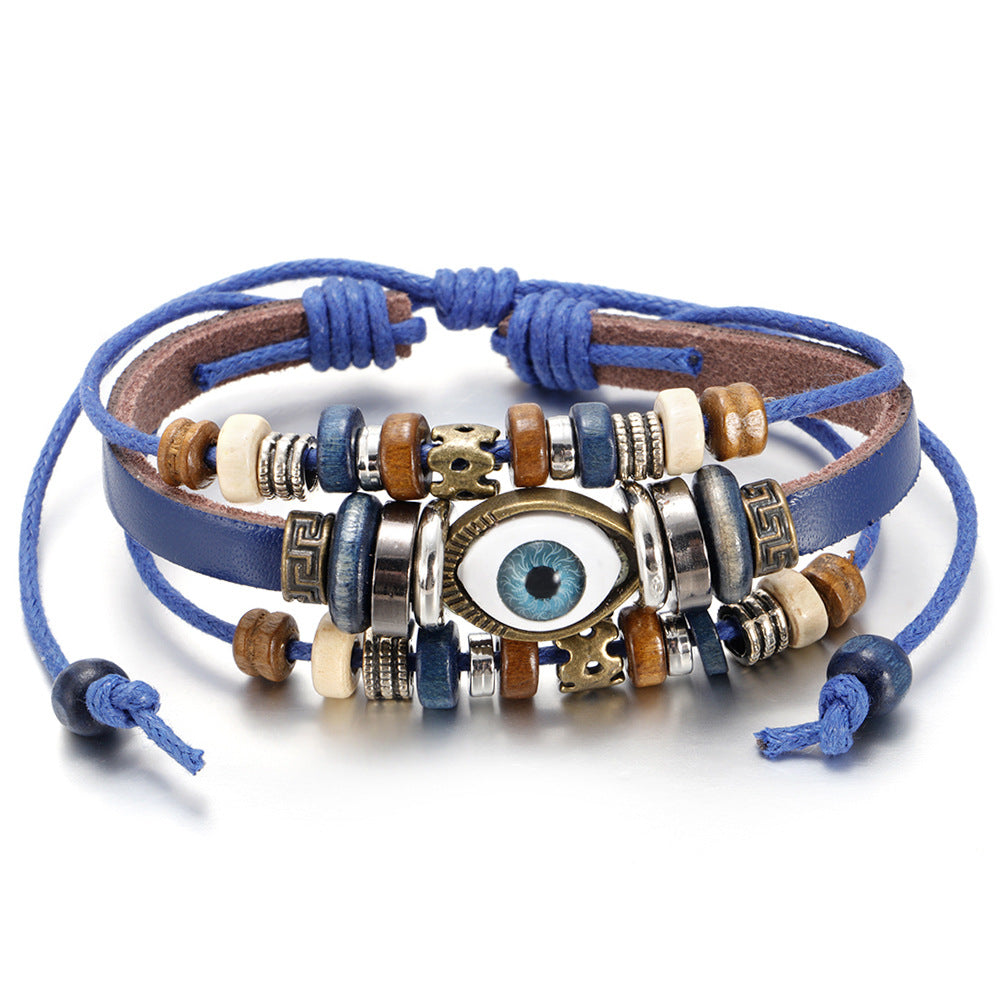 Popular Ethnic Style Multi-layer Cowhide Hand-woven Beads Leather Cord Bracelet Adjustable