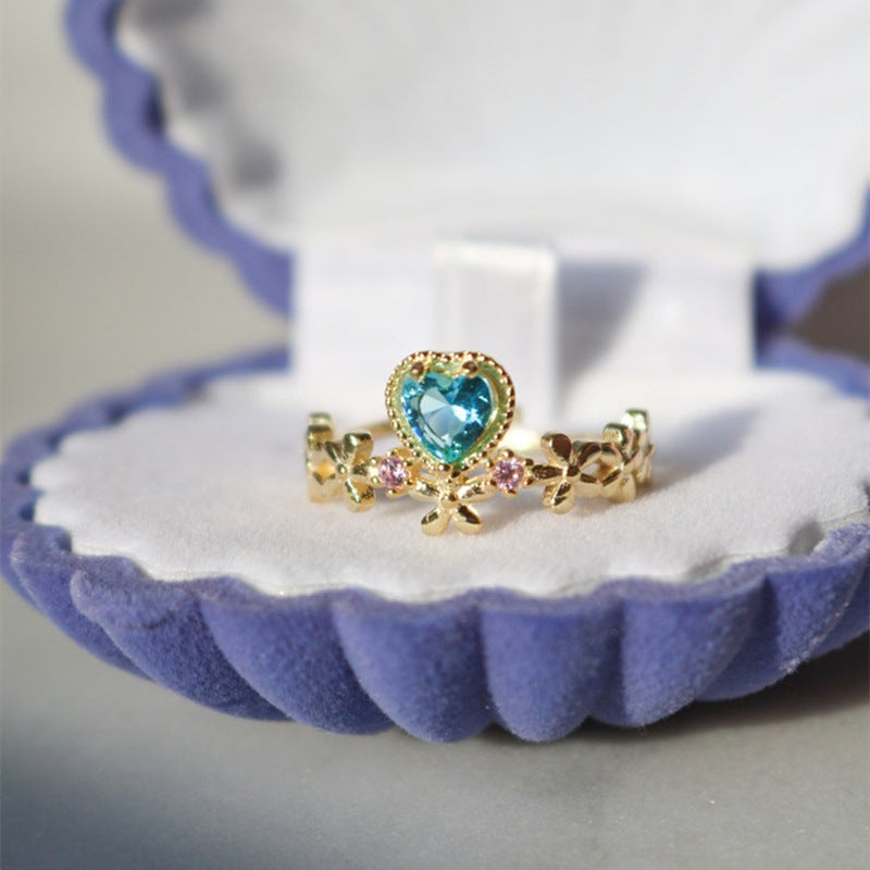 Women's Heart-shaped Sapphire Flower Ring Adjustable